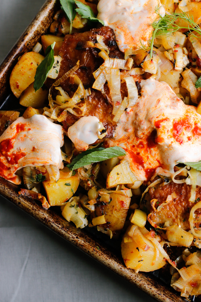 Sheet Pan Harissa Chicken with Potatoes, Leeks and Yogurt Circle of