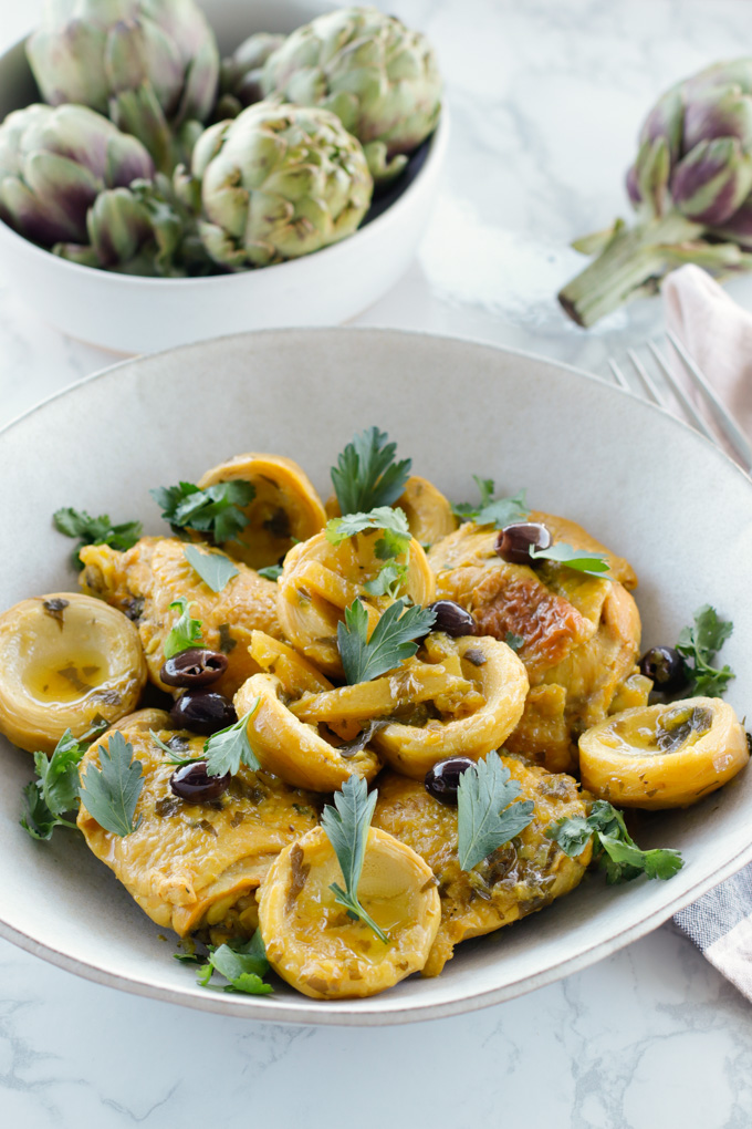 Moroccan Chicken with Artichokes, Preserved Lemons and Olives Circle